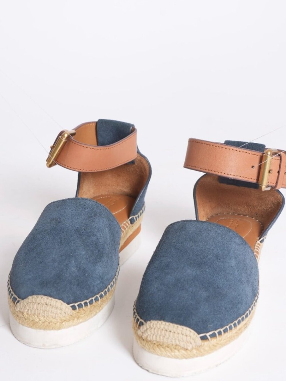 See by Chloé Glyn Blue Suede Platform Espadrille Sandals Ankle Strap 10